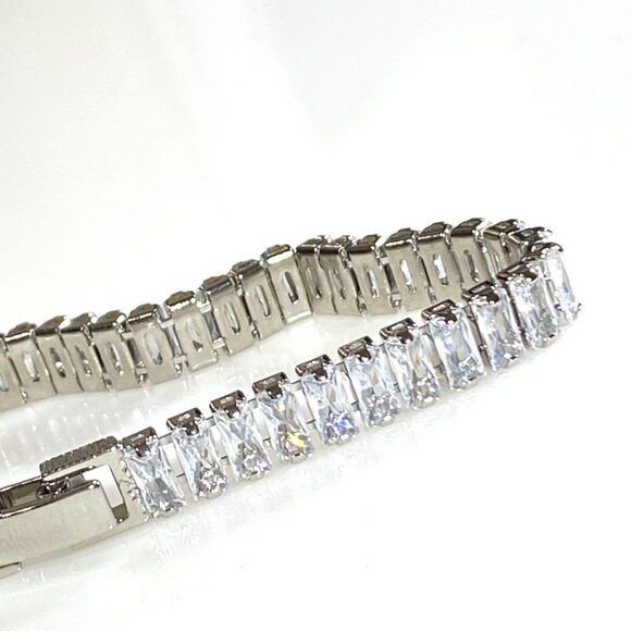 Sterling Silver with Clear Cubic Zirconia Baguette Tennis Bracelet - Picture 5 of 12